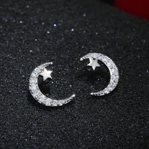 Daisies New Arrival Shiny Zircon Moon & Star 925 Sterling Silver Ladies Stud Earrings Jewelry Women Wedding Boucles d'oreilles
