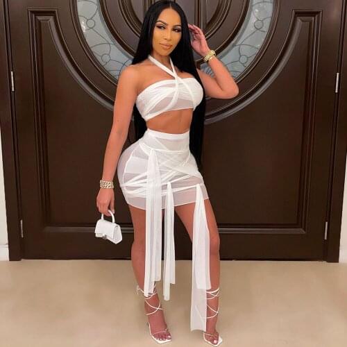 Sexy Mesh Sheer Two Piece Set Summer Clothes for Women Ribbons Crop Top and Mini Skirt Suits Vacation Club Outfits Matching Sets