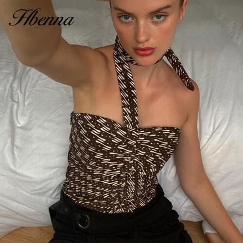 Hbenna Print Crop Top Women Sleeveless Halter Sexy Cut Out Backless Sexy Camisole Party Elegant Vintage Fashion Tank Top Wome