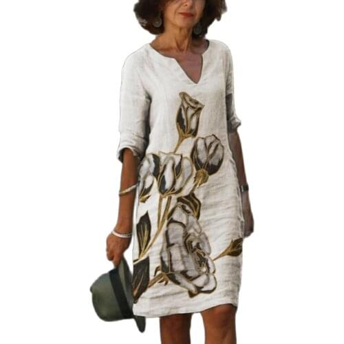 2021 Summer New Fashion Printed Loose Bamboo Fiber Linen Floral Short-Sleeve Female Retro Art O-Neck Half-Sleeve Dress Vestidos