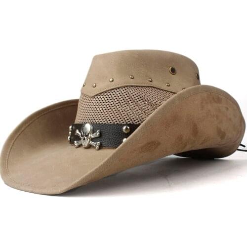 100% Leather Men Women Mesh Western Cowboy Hat Wide Brim Hat Outdoor Sombrero Hombre Cowgirl Hat Ghost