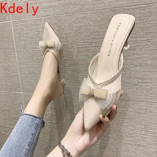 2021 Spring Womens Pointed Toe Crystal Butterfly-Knot Thin High Heels Slippers Fashion Slip On Ladies Mules Shoes Party Slides