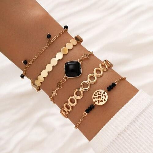 5 Pcs/Set Women Bracelets Set Gold Corrugated Black Square Circle Black Bead Bracelet Bohemian Birthday Party Jewelry