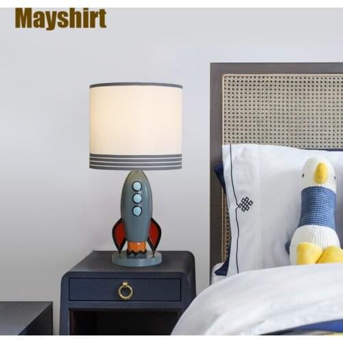 American Creative Rocket Resin Fabric Table Lamp for Childrens Room Bedroom Bedside Desk Lamp Modern Cartoon Led Light Fixture