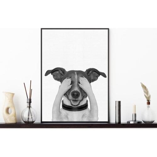 Black and White Dog Photo Poster Prints Nursery Kids Room Decor , Funny Pet Peekaboo Dog Painting Canvas Picture Bathroom Decor