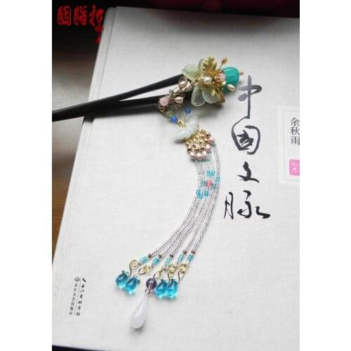 Black Sanderwood Natural Stone Handmade Vintage Butterfly Tassel Hair Stick Hanfu Cos Accessories Bride Headpiece Hair Jewelry