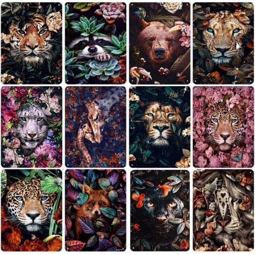 Wild Animals In Flower Metal Sign Lion Poster Tiger Elk Orangutan Tin Sign Plaques Home Decor Living Room Wall Artwork Plate