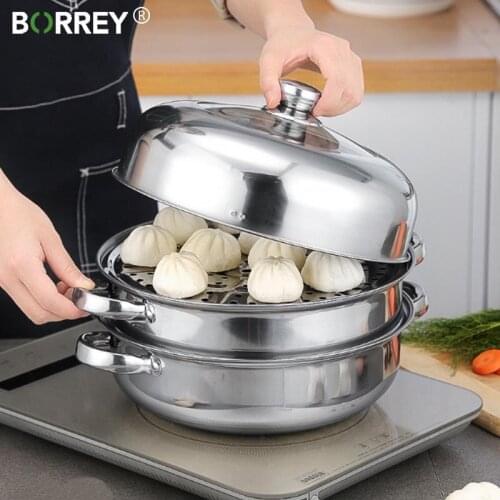 BORREY Stainless Steel Induction Cooker Metal Steamer Pan Steamer Pot Soup Pot Steamer Basket Double Boiler 3 Layers Pot 28CM