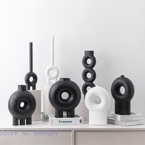 Ceramic Vase Geometry Circle Black and White Texture Abstract Floral Handicraft Ornaments Modern Home Decoration Flower Vase