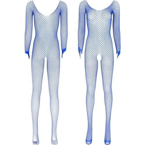 Womens See-through Mesh Pantyhose Round Neck Long Sleeve Crotchless Stretchy Bodysuit Jumpsuit Erotic Lingerie Sexy Bodystocking