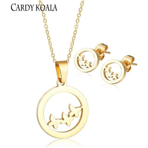 Round brand hollow titanium steel jewelry set, earrings, pendants, necklaces, gold-plated childrens earrings, the first product