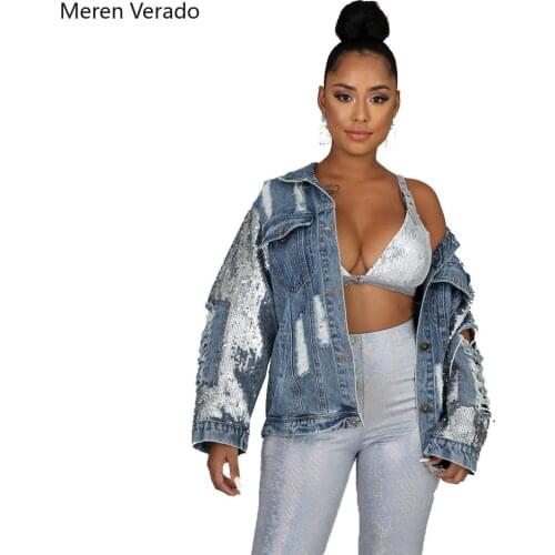 Meren Verado Fall 2021 Women Chic Sequins Ripped Hole Loose Casual Denim Jacket Turn-down Collar Elegant Jeans Coats Tops New