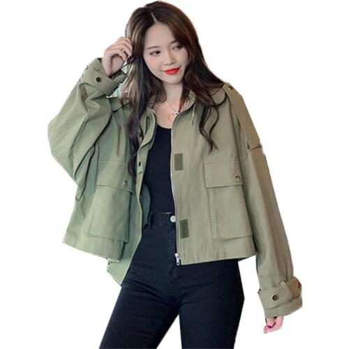 Army Green Womens Coat 2020 New Casual Short Jackets Stand Collar Pocket Zipper Spring Autumn Jacket Female Tooling Outerwear