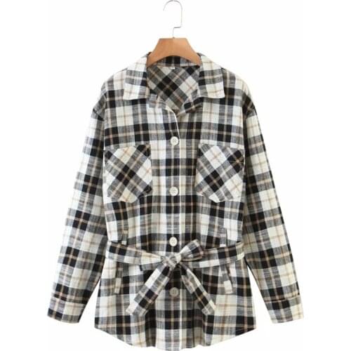 Merodi women Fad new Vogue plaid print za loose jacket with belt stylish girls long sleeve pockets cotton jackets outwear