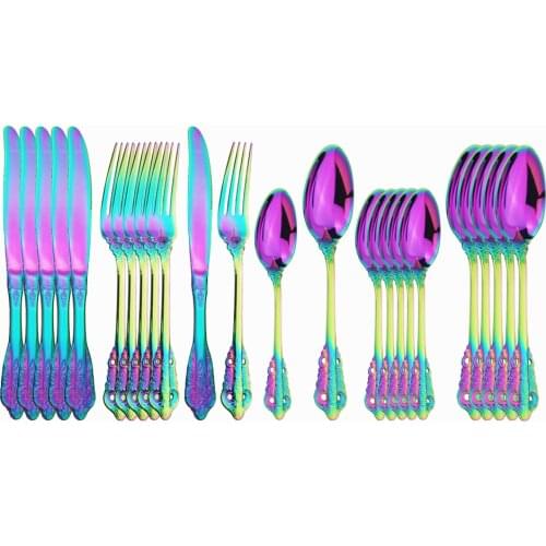 Gold Dinnerware Set Rainbow Tableware Dinner Set 18/10 Stainless Steel Cutlery Set Knife Fork Tea Spoon Silverware Flatware Set