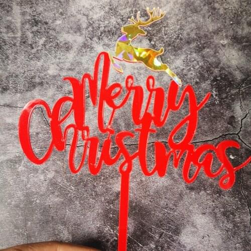 New Merry Christmas Cake Topper Acrylic Gold Red Laser Deer Elk Cake Topper For Xmas Decor Party Happy New Year Cake Decorations