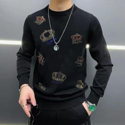New Winter Design Crown Pattern Hot Diamond Mens Sweater Casual Knitted Printing Black And White Top To Keep Warm On The Street
