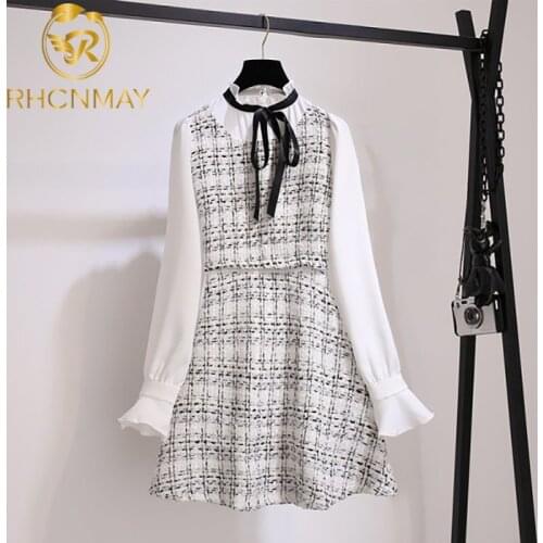 2020 Spring Vintage Tweed Dress Sweet Bow Tie up Tweed Dress Flare Sleeve Patchwork Fake two pieces Plaid Dress Vestidos