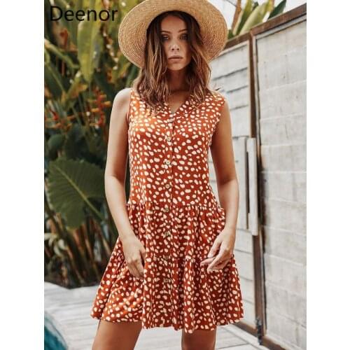 Deenor Summer Floral Print Dress V-neck Boho Buttons Casual Sexy Party Vest Mini Dress Ladies Bohemian Beach Holiday Sundress