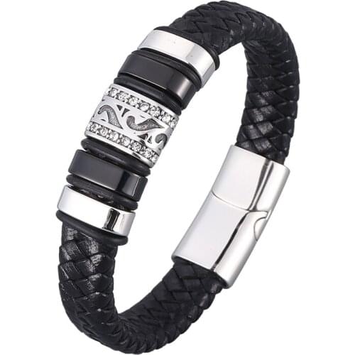 Luxury Accessories Trendy Bracelet Men Double Black Genuine Leather Wristband Stainless Steel Bangles Punk Wrist Jewelry PD0960
