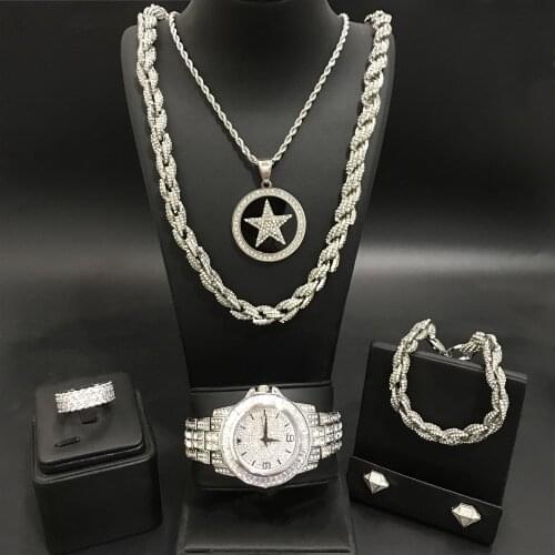 Luxury Men Silver Color Watch & Necaklce & Braclete & Ring & Earrings Combo Watch Set Ice Out Cuban Necklace Hip Hop For Men