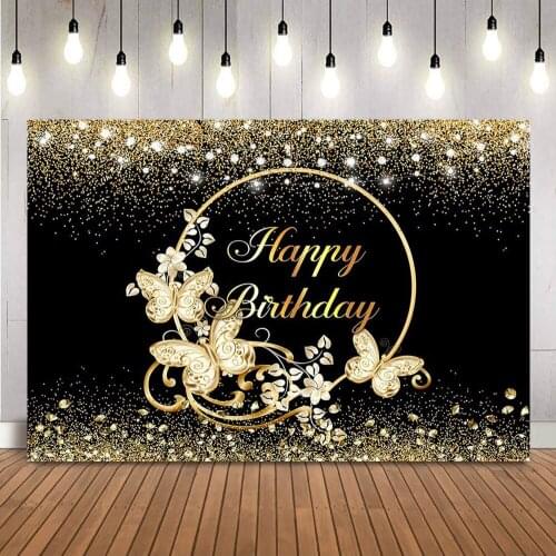 Gold Glitter Birthday Backdrop for Photography Golden Butterfly Background for Photo Studio Happy Birthday Party Decoration