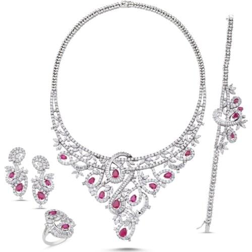 Silverlina Silver Pink Zircon Stone Necklace, Bracelet, Ring and Earrings Set