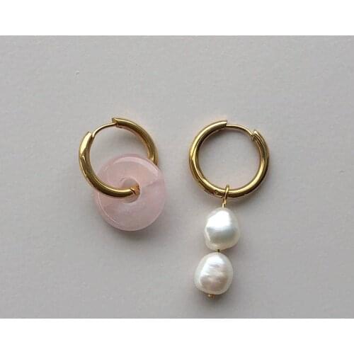 Free shipping gold silver stainless steel hoop natural stone jade rose rose quartz crystal earrings for women timeless pearly