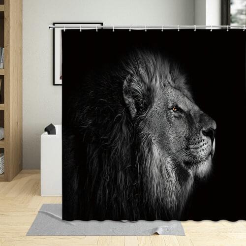 Lion Ferocious Animal Shower Curtains Black Background Bathroom Decor Polyester Fabric Waterproof Hanging Curtains With Hooks