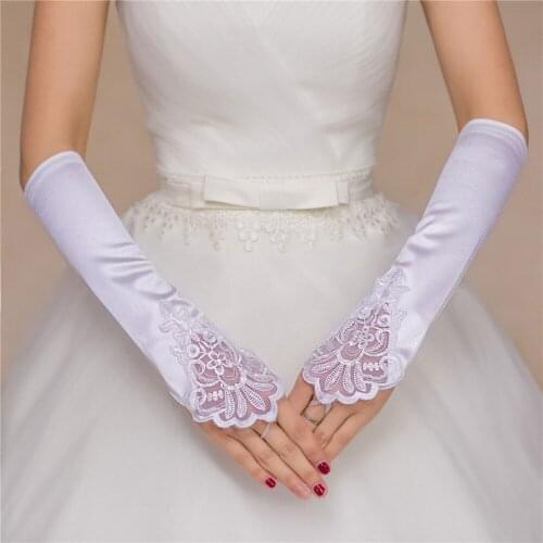 HONGFUYU Wedding Accessories Bridal Gloves Lace Satin Fingerless Gloves With Beading White/Beige/Red/Black