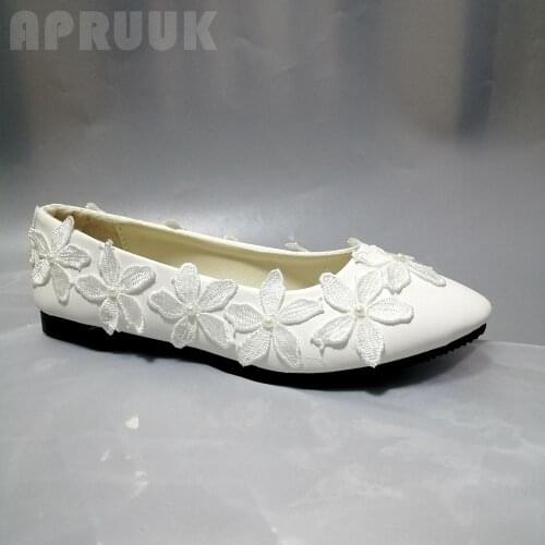 Ladies girls white lace flats shoes woman handmade sweet design bridal wedding shoes bride plus size 41 42 womens dancing shoe