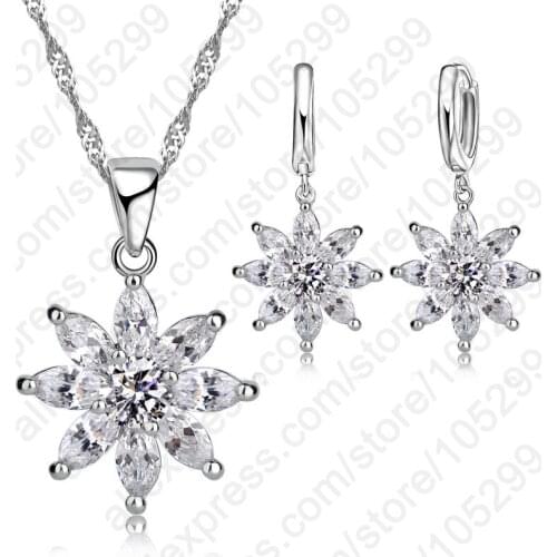 Top Quality Romantic Flower Pendant Necklace+Earrings Set 925 Sterling Silver Clear Cubic Zircon Jewelry Set Wholesale