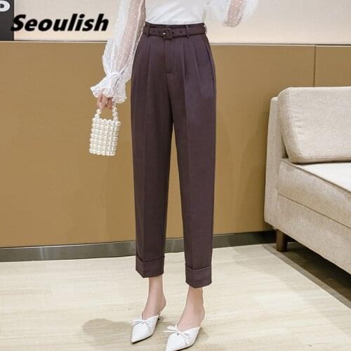 Seoulish Purple Women Formal Trouses with Belted 2021 New High Waist Elegant Office Lady Ankle-Length Female Harem Pants Pocket