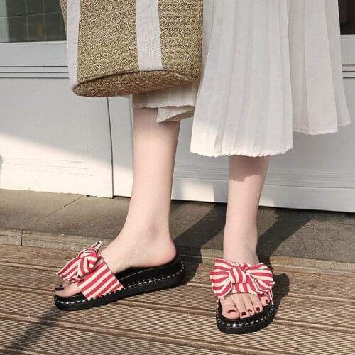 2020 New Style Special Design Summer Beach Comfortable Striped Butterfly-knot Flat With Slippers Sewing Women Slides
