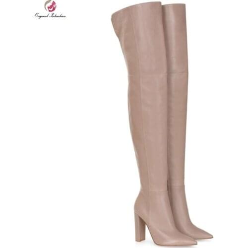 Womens High Heels Over The Knee Boots Shoes Fashion Sexy Zipper Pointed Toe Square Heel Solid Casual Women Boots Big Size 35-45