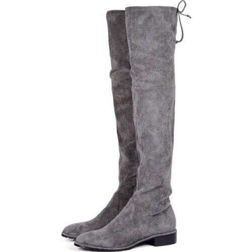 2021 Winter Long Boots Women Round Toe Low Heel Fashionable Sexy Over The Knee Stretch Boots Gray Suede Lace-up Shoes Woman Bota