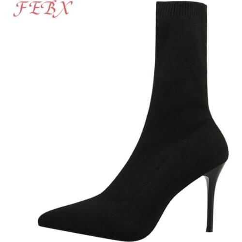 Womens Winter Thin High Heels Boots Stretch Fabric Ladies Sock Boots Autumn Mid calf boots Sexy Pointed Toe Female Pumps 2021