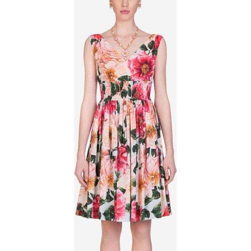 Sexy Sicilian 2021 Runway Flower Print Dress Summer Women Strap Sundress Vest Tank Pleated A Line Bohemian Dresses Elastic Waist