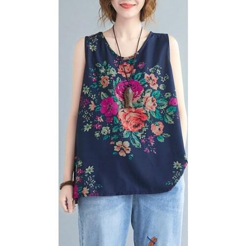 Johnature New Sleeveless Vintage Floral Print Women Tops 2021 Summer O-neck Loose Pullover Casual Female Shirts