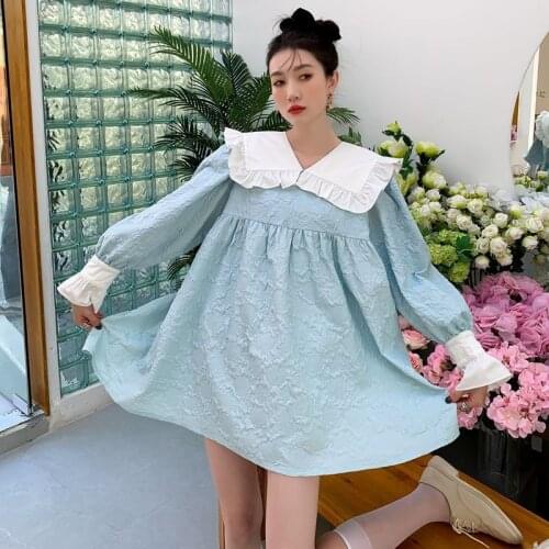 Cute Kawaii Loose Jacquard 2021 Womens Pan Peter Collar Dress Female Spring New A-Line Mini Party Chic Dress Vestido de mujer