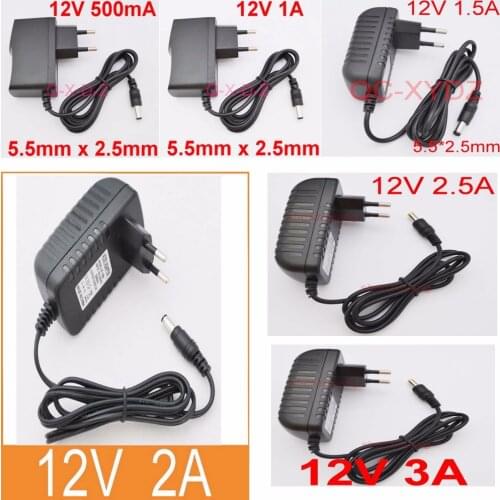 1PCS 12V 500mA 12V 1A 12V 1.5A 12V 2A 12V 2.5A 12V 3A AC 100V-240V Converter Adapter Power Supply EU Plug 5.5mm x 2.1-2.5mm