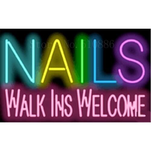 19*15" Nails Walk Ins Welcome NEON SIGN REAL GLASS BEER BAR PUB LIGHT SIGNS store display Restaurant Shop Advertising Lights