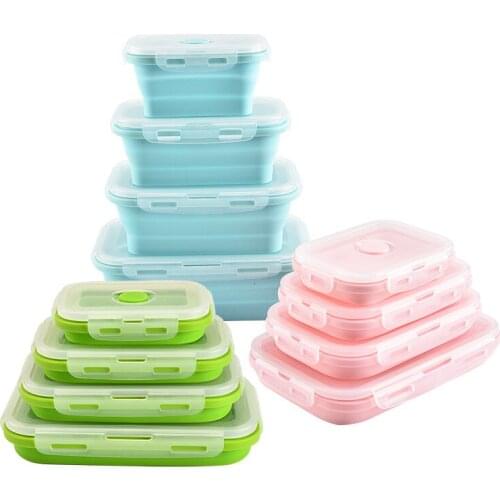 2 Set Silicone Folding Bento Box Collapsible Portable Lunch Box Food Storage Containers with Lids Dishwasher Safe Wholesale
