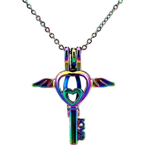 C788 Rainbow Color Love Heart Mini Wing Key Beads Cage Pendant Locket Necklace Aroma Essential Oil Diffuser-Fun Gift
