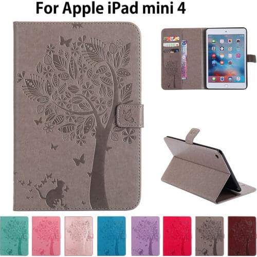 For Apple iPad mini4 Case High quality PU Leather Flip Stand Cat Tree Pattern Cases For iPad mini 4 Cover Funda Skin Shell