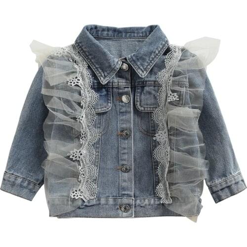 Children Autumn Jackets Gauze Stitching Shirt-Collar Long Sleeve Button-Open Denim Jacket Outerwear Childrens Clothing Girls
