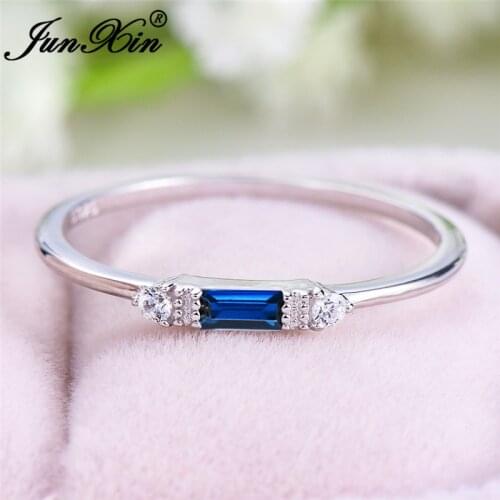 White Gold Filled Rings For Women Minimalist Wedding Thin Ring Stacking Small Rectangle Blue Zircon Engagement Ring Jewelry Cz
