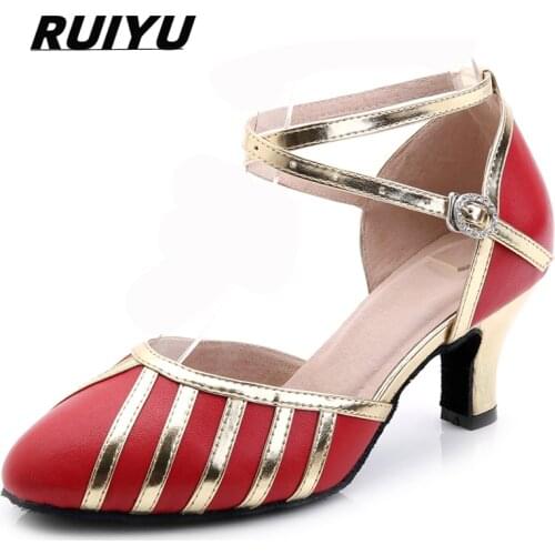 Latin Shoes Lady Tango Salsa Ballroom Performance Sneakers High Heeled Boot Shoes Cow Leather Black Red