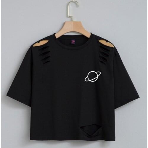 Summer Crop Tops Women T Shirt Sexy Crew Neck Harajuku Tops Planet Print Graphic Tee Cute Short Sleeve T-shirt Girls Tshirt