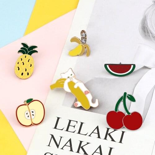 Fruit Metal Enamel Pin Cute Apple Banana Pineapple Watermelon Cherry Brooches Cartoon Cat Button Lapel Pins Badges Jewelry Gift